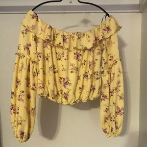 Yellow floral off the shoulder long sleeve top